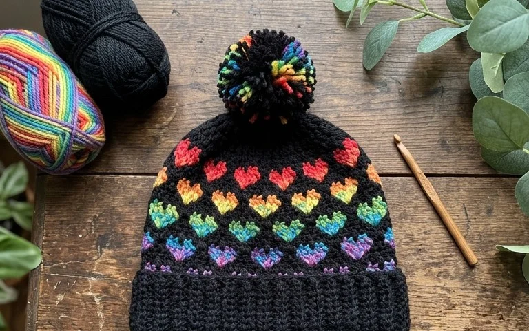 Easy Snow Heart Beanie Hat Free Crochet Pattern